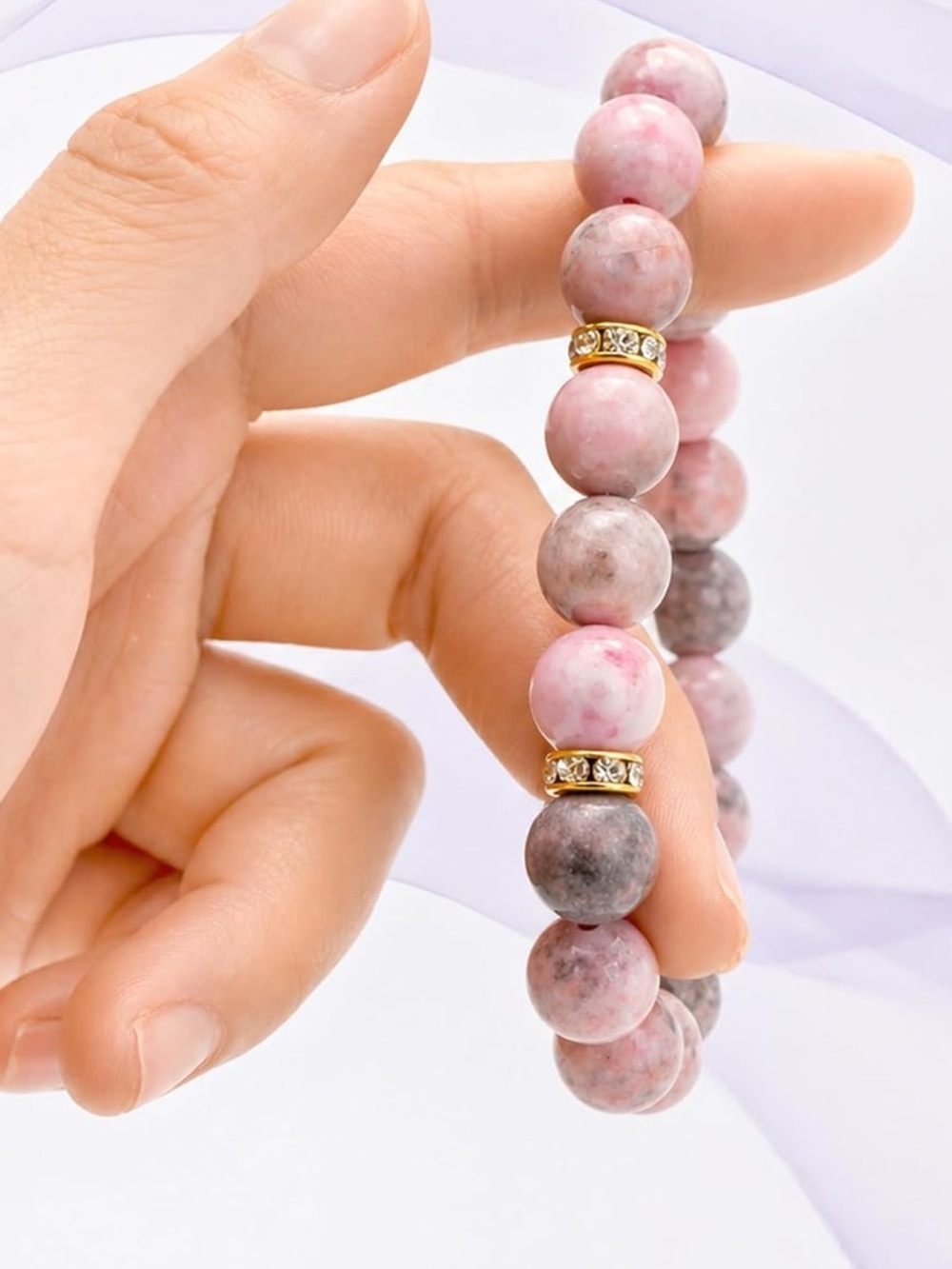 Anthropologie Pink and Gray Rhodonite Bead Bracelet with Gold Accents